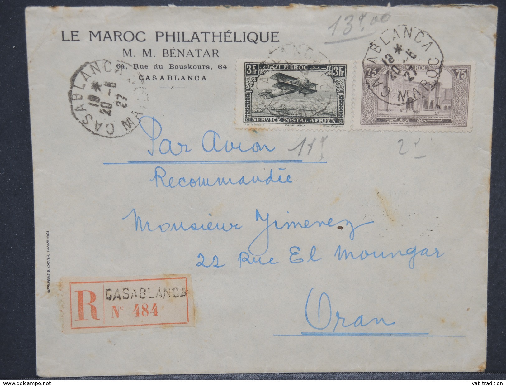 FRANCE / MAROC - Enveloppe En Recommandé De Casablanca Pour Oran En 1927 , Affranchissement Plaisant - L 6829 - Covers & Documents
