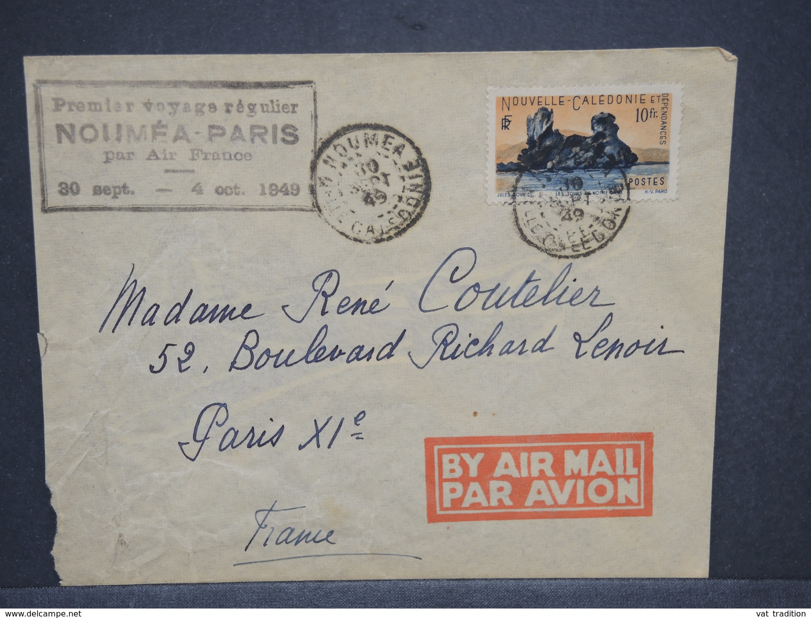 NOUVELLE CALÉDONIE - Enveloppe 1 Er Vol Nouméa / Paris En 1949 , Affranchissement Plaisant - L 6830 - Cartas & Documentos