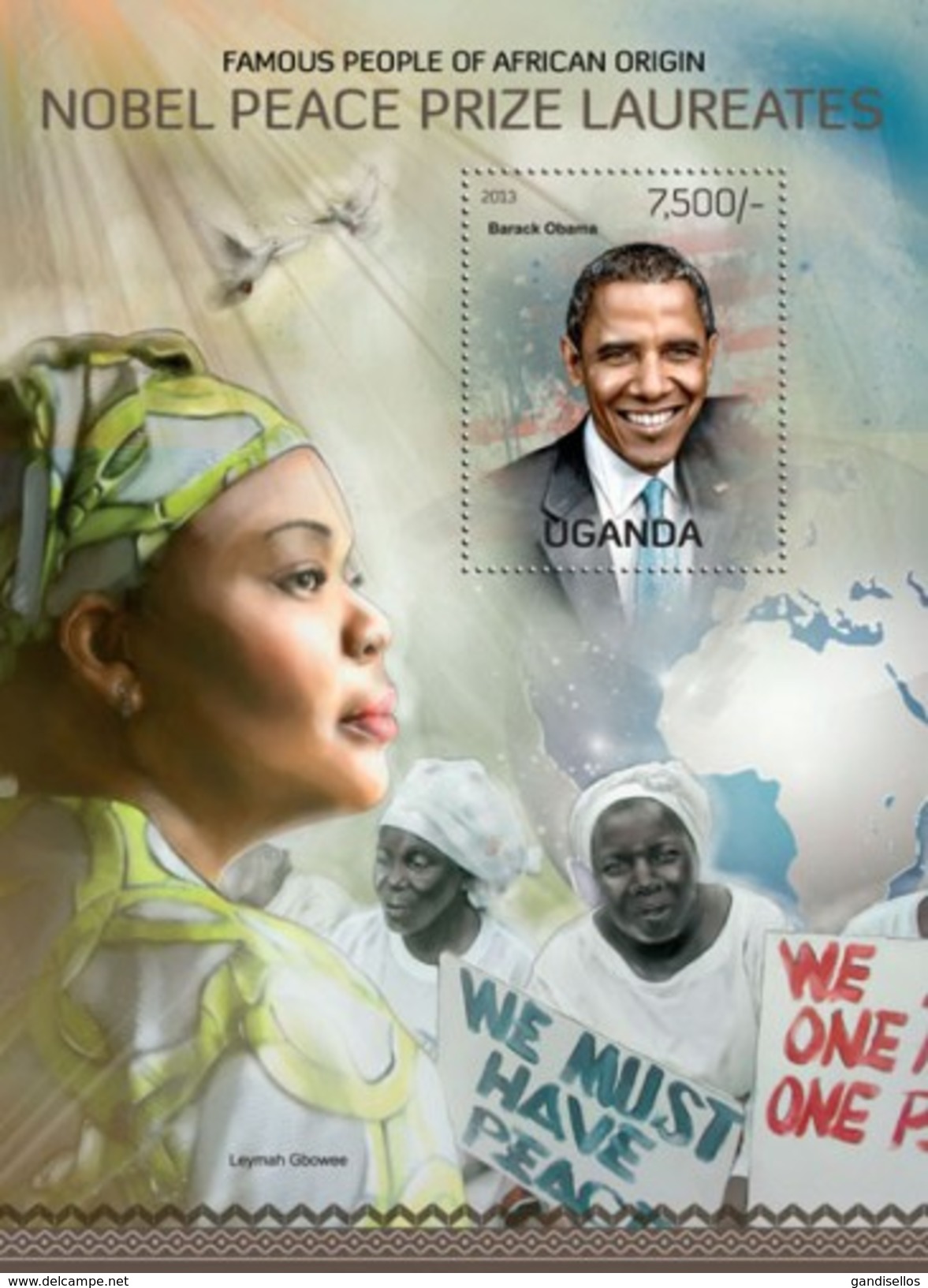 UGANDA 2013 SHEET NOBEL PEACE PRIZE LAUREATES PRIX NOBEL PREMIOS NOBEL DE LA PAZ OBAMA PRESIDENTS Ugn13120b - Uganda (1962-...)