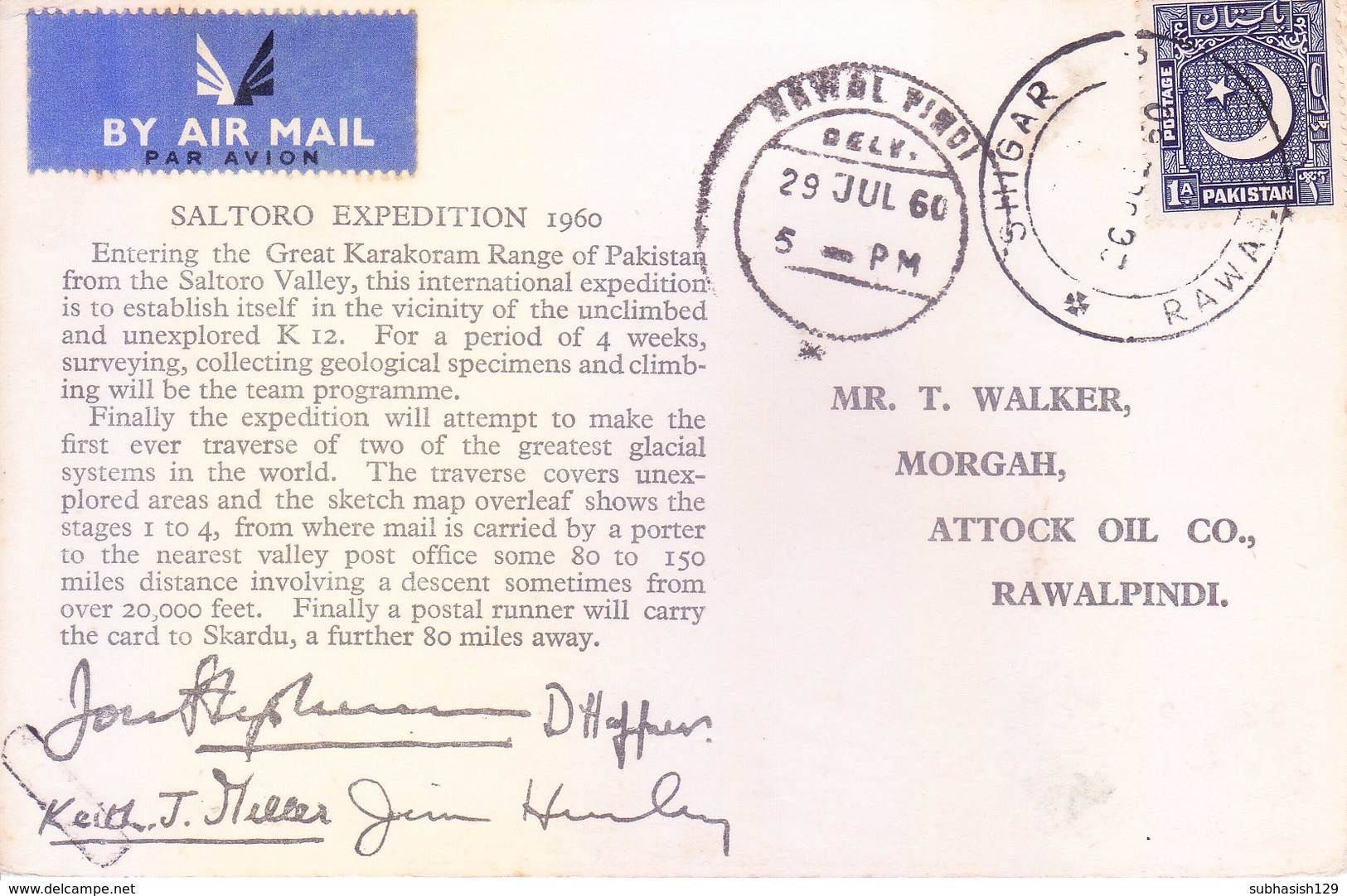 PAKISTAN 19-07-1960 SALTORO EXPEDITION CARD COMMERCIALLY MAILED, SPECIAL CANCELLATION ON LABEL, SIGNATURE OF EXPEDITORS - Pakistan