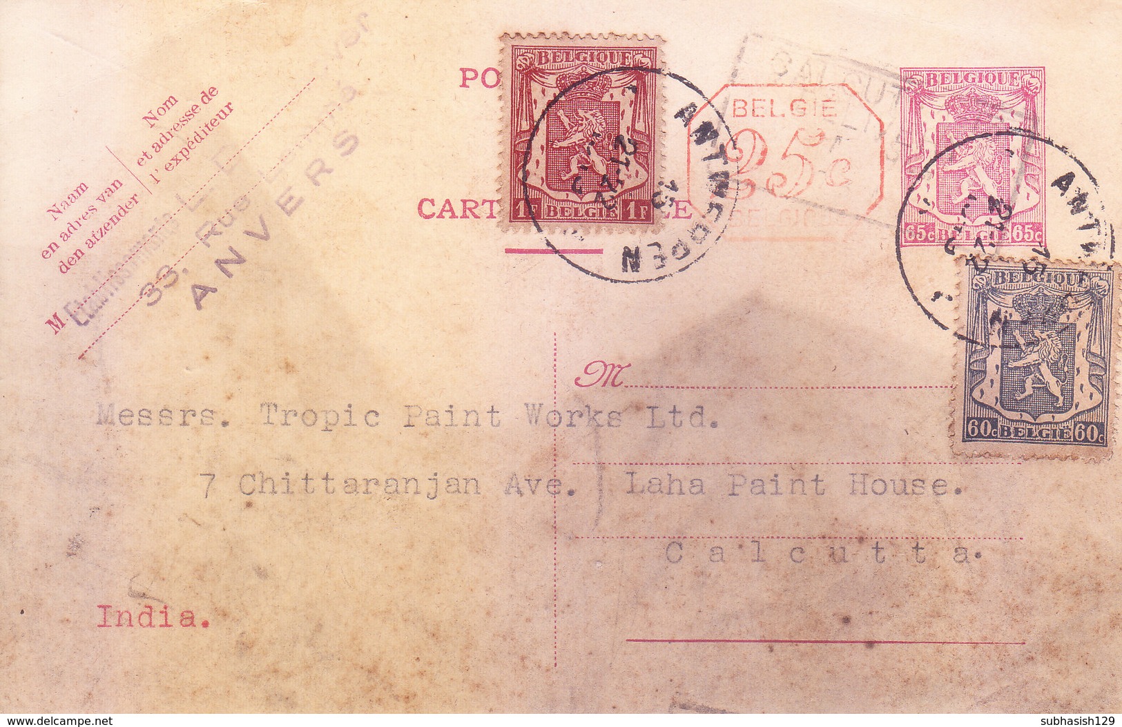 BELGIUM 1949 UPRATED POST CARD POSTED FROM ANTWERPEN FOR INDIA - USE OF ADDITIONAL 2V DIFFERENT STAMPS - Brieven En Documenten