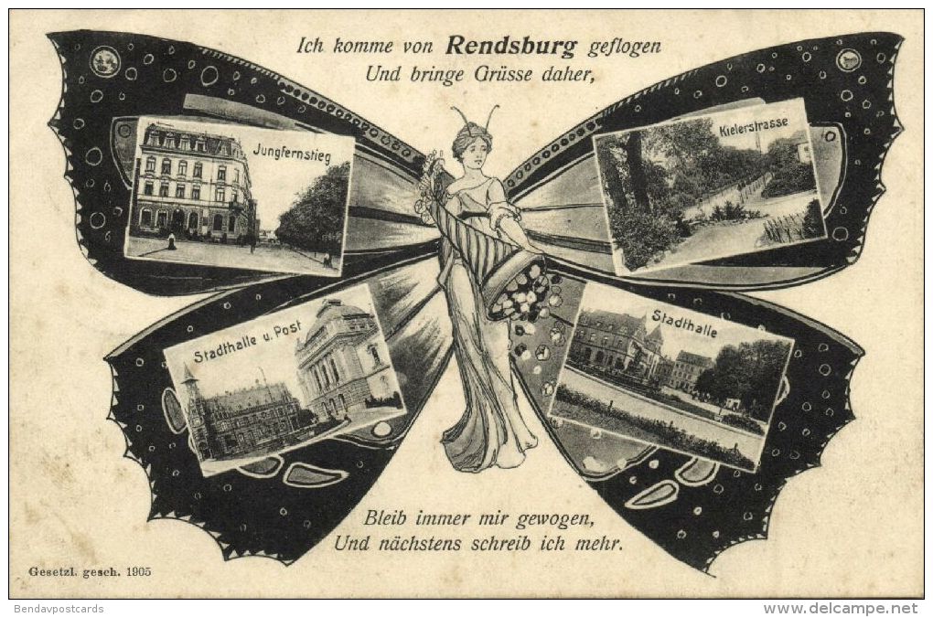 RENDSBURG, Schmetterling Mehrbild, Kielerstrasse, Jungfernstieg, Post (1906) - Rendsburg