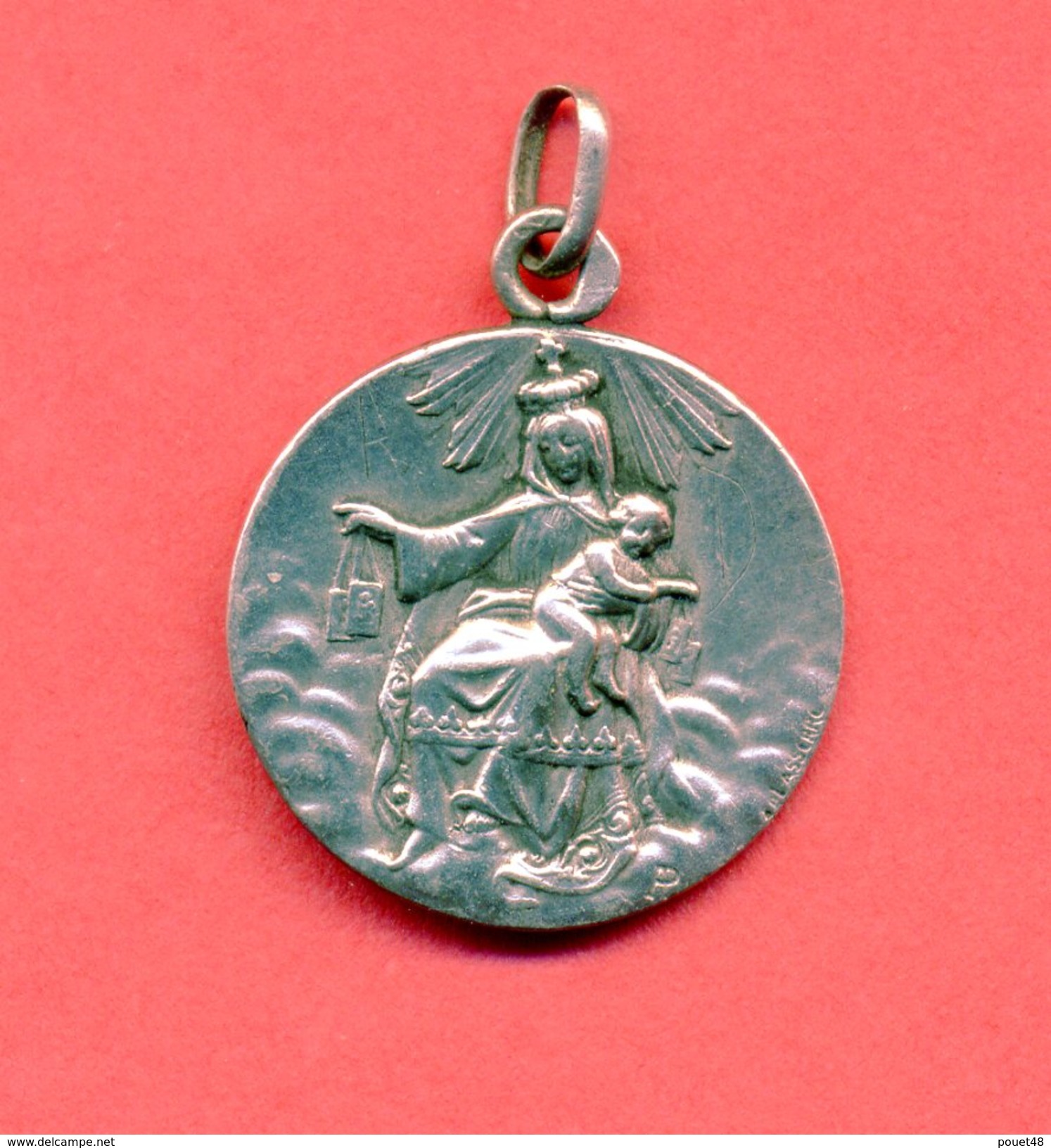 Très Beau Médaillon Argent, Médaille Religieuse." Christ Et Vièrge Et Enfant" Silver Religious Medal: Poinçon. - Religion & Esotérisme