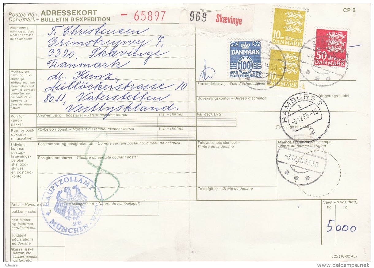 DÄNEMARK - 2 X 10 + 50 + 100 Öre Auf Paketkarte (Bulletin), Gel.1985 V. Skaeving überHamburg Nach München - Briefe U. Dokumente