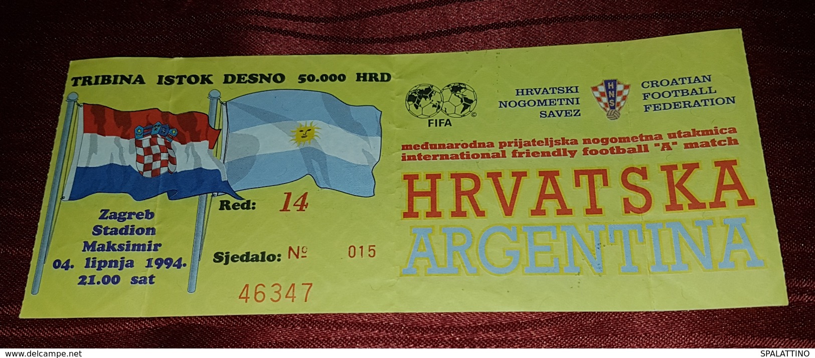 CROATIA- ARGENTINA 1994. FRIENDLY MATCH IN ZAGREB, RARE FOOTBALL MATCH TICKET, MARADONA - Match Tickets