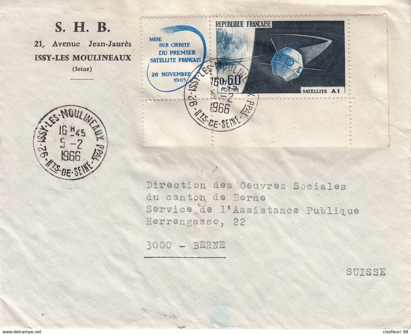 S.H.B. Sté Helvétique De Bienfaisance à Issy Les Moulineaux Hauts De Seine / 5.2.1966 Pour Berne (CH) - Lettres & Documents