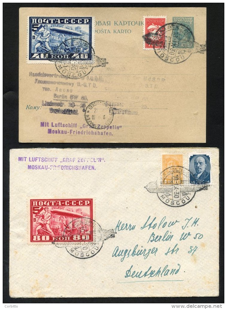 1930 Sept 10th Russian Flight 3k Stationery Card Uprated With 7k Workers &amp; 40k Zeppelin Adhesive, Tied By 'Par Avion - Sonstige & Ohne Zuordnung