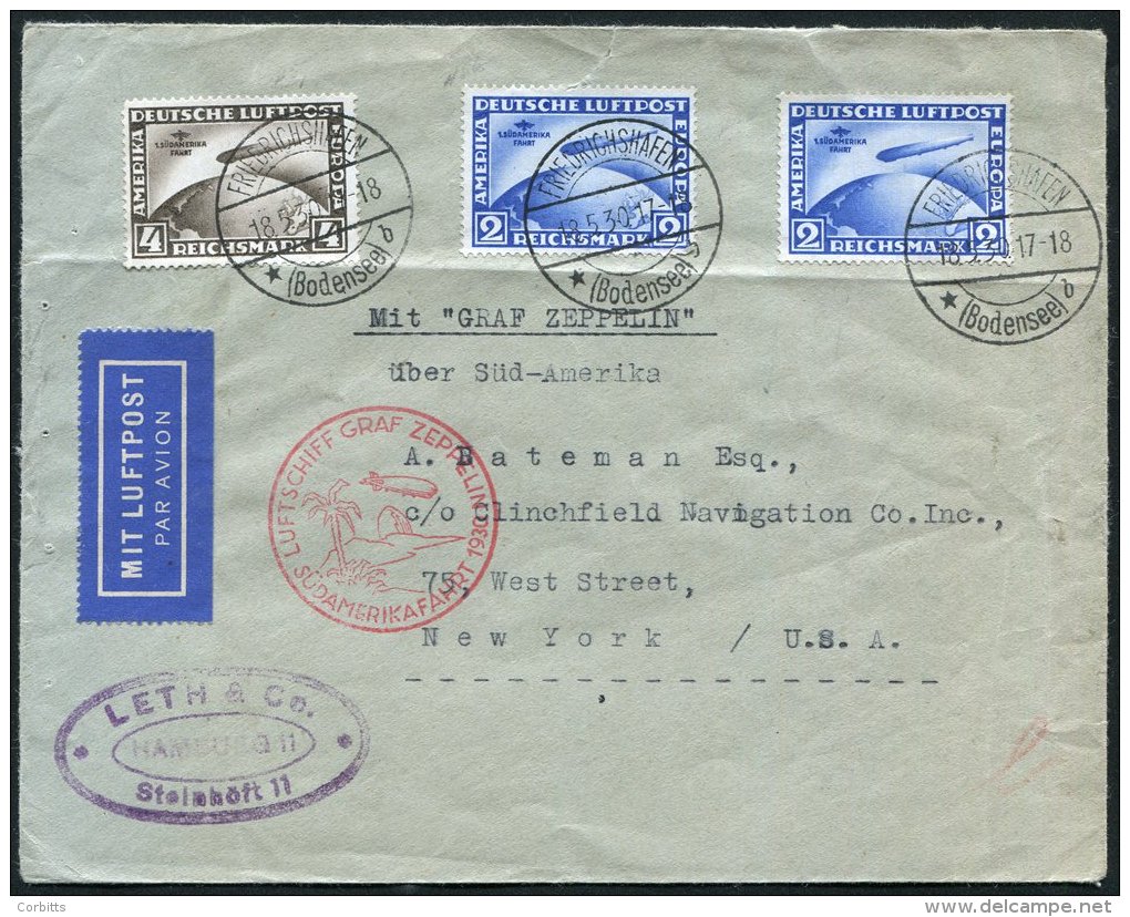 1930 South America Flight Cover To New York Franked 2m (2) &amp; 4m Zeppelins, Tied By Friedrichshafen Pick Up C.d.s's & - Sonstige & Ohne Zuordnung