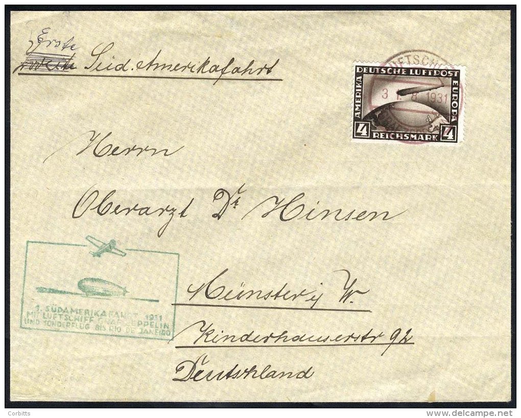 1931 First South America Flight Cover, Franked 4m Zeppelin (Mi.424Y), Tied With Pinky-brown Luftschiff - Graf Zeppelin C - Sonstige & Ohne Zuordnung