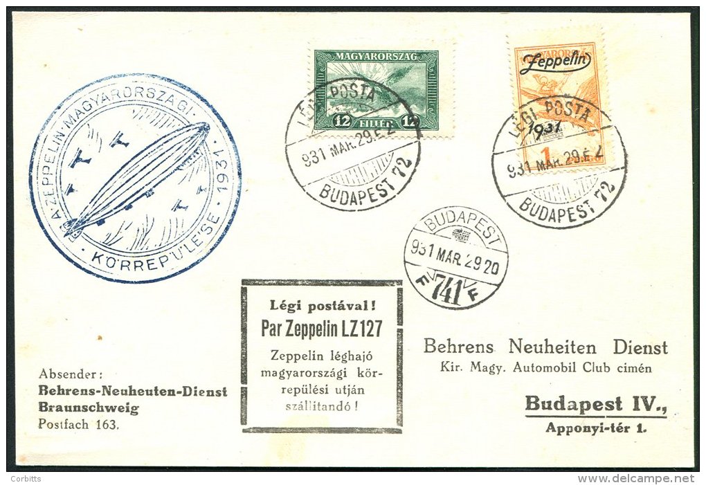 1931 Hungary Flight - A Dedicated Card Franked 12f Air 1p Zeppelin, Tied With Budapest Cancels, Dark Blue Flight Cachet, - Sonstige & Ohne Zuordnung