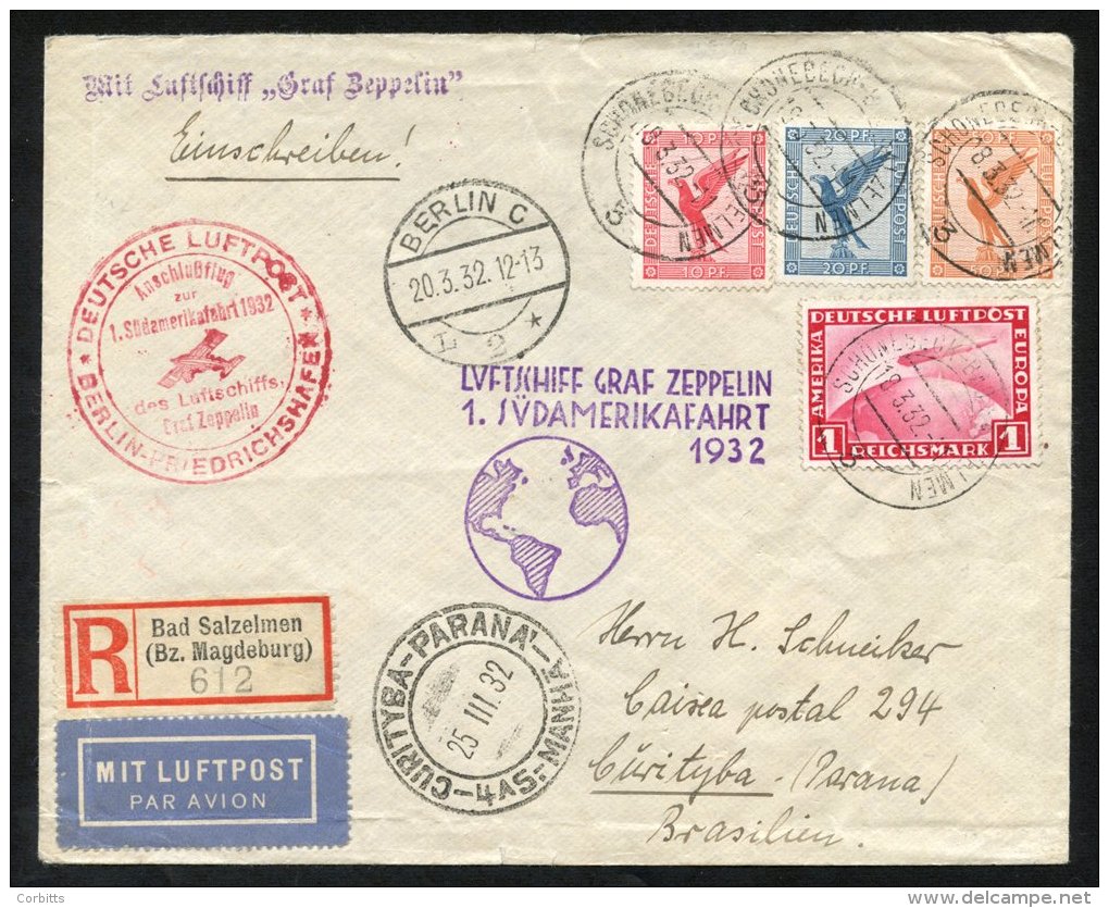 1932 First South America Flight Reg Cover From Shonebeck To Brazil Via Berlin Connecting Flight To Friedrichshafen With - Sonstige & Ohne Zuordnung