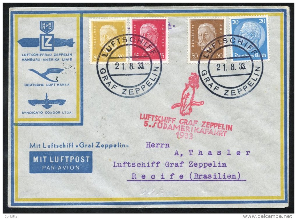 1935 5th South American Flight (No. 327) Airmail Envelope Posted On Board, Franked Hindenburg Defins 15pf, 20pf, 50pf &a - Sonstige & Ohne Zuordnung