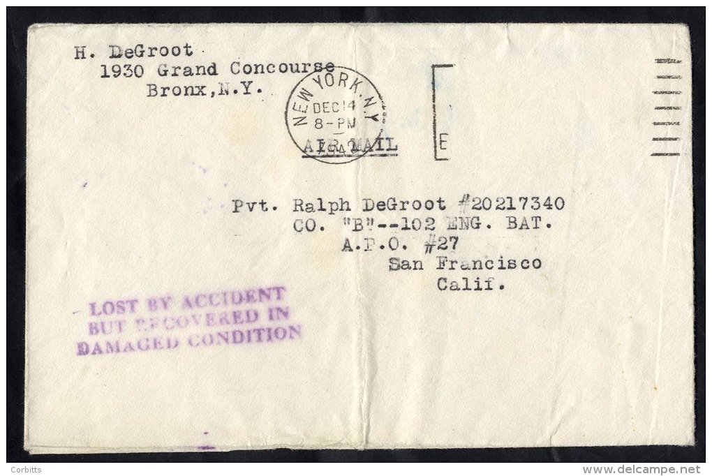 1942 Dec 14th U.S Military Crash New York - Oahu, Hawaii (APO 27) Cover With Original Contents, Bears Cachet 'Lost By Ac - Sonstige & Ohne Zuordnung