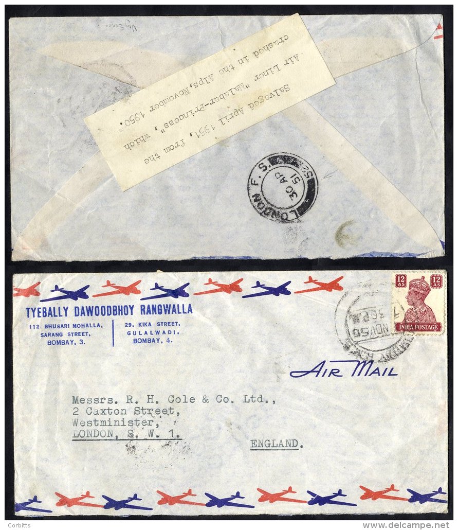 1951 April 30th Air India Crash On Mont Blanc Bombay - London Cover, Reverse Bears Salvaged Label &amp; London C.d.s. (N - Sonstige & Ohne Zuordnung