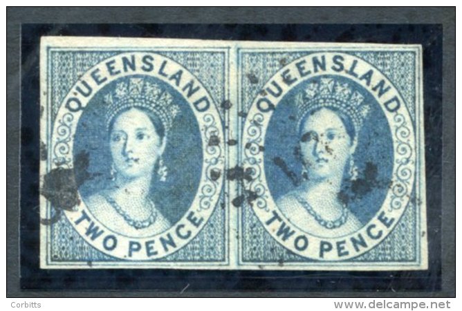 1860 Wmk Large Star Imperf 2d Blue Horizontal Pair With Good To Large Margins, Clearly Cancelled, Fine. A Rare Multiple. - Sonstige & Ohne Zuordnung
