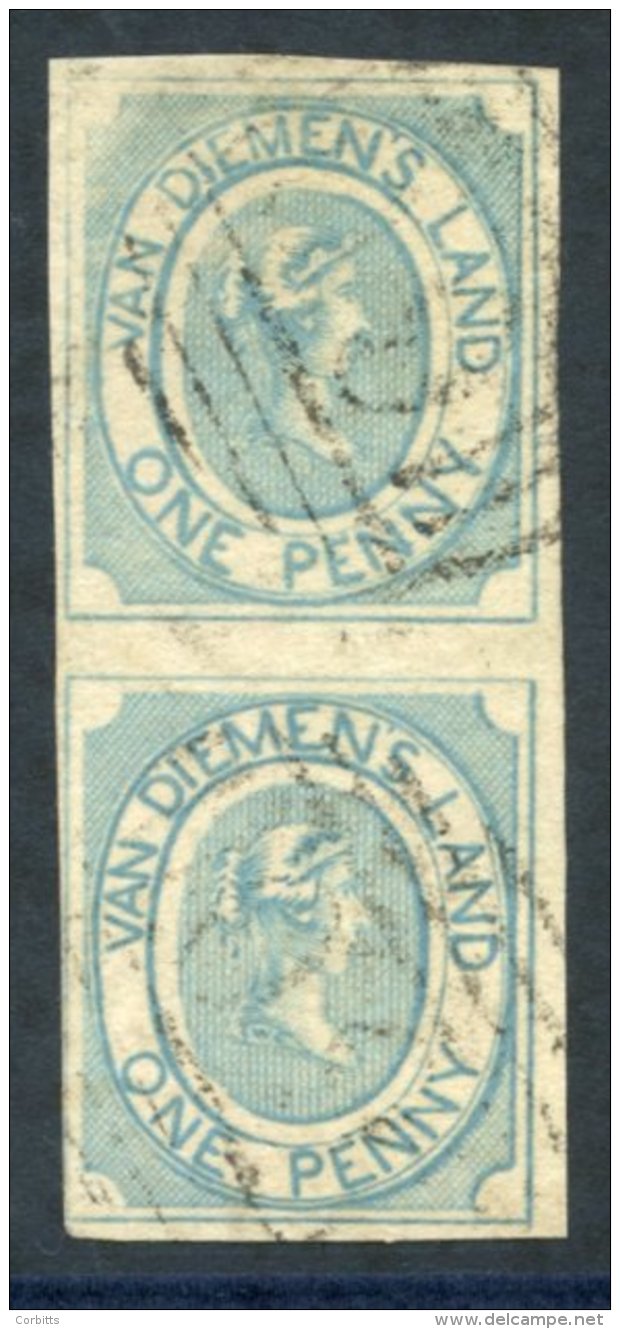 1853 Courier 1d Pale Blue Vertical Pair On Thin Hard White Paper, [1/7], Just Clear (lower Left) To Large Margins, Light - Sonstige & Ohne Zuordnung