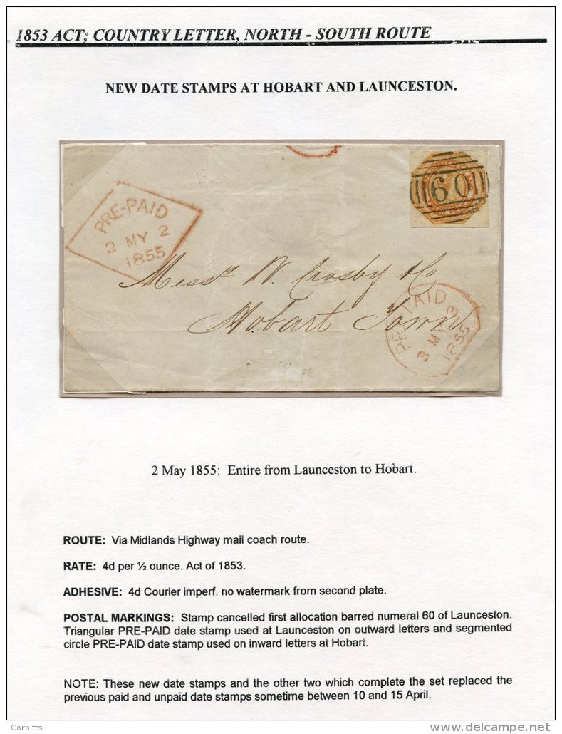 1853 (Nov) Courier Pl.2 4d Orange With Clear Margins, Crisply Cancelled '60' On 1855 (2 May) Entire From Launceston To H - Autres & Non Classés