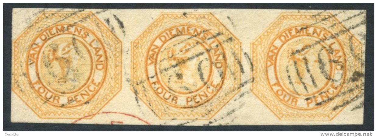 1853 (Nov) Courier Pl.2 4d Yellowish-orange Strip Of Three, [7-9], Good To Large Margins On Three Sides, Frameline Just - Sonstige & Ohne Zuordnung