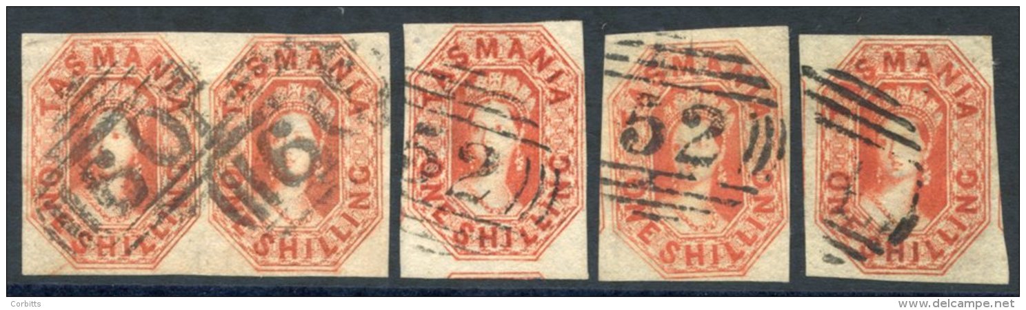 1858 Wmk Double-lined Numerals, 1s Vermilion Pair &amp; Singles (3), All With Four Margins, FU. SG.41, Cat. &pound;400. - Sonstige & Ohne Zuordnung