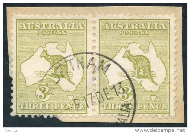 1913-14 3d Yellow-olive Horizontal Pair, Die I/Die II, VFU On Small Piece, SG.5ca. (2) Cat. &pound;600 - Sonstige & Ohne Zuordnung