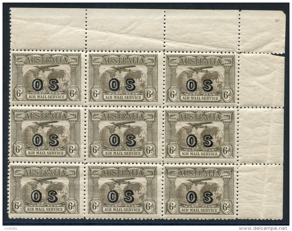 1931 Kingsford Smith 6d 'OS' Official UM Upper Right Corner Marginal Block Of Nine, Lower Three Stamps With Gum Creasing - Other & Unclassified