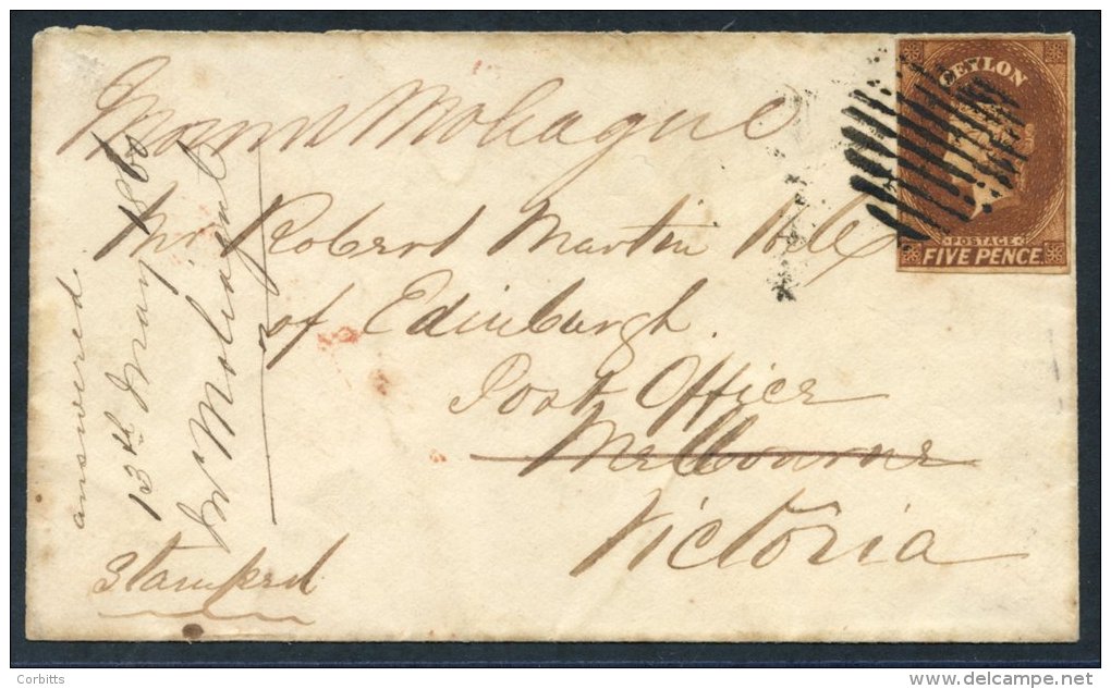 1860 (30 Mar) Envelope To Melbourne Bearing 5d Chestnut, Clearly Tied By Oval Of Bars &amp; Showing On Reverse 'COLOMBO/ - Sonstige & Ohne Zuordnung