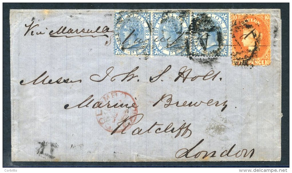 1869 (12 June) Entire From Colombo To London, Marked 'Via Marseilles,' Bearing 10d Orange &amp; 1868 1d Blue Strip Of Th - Sonstige & Ohne Zuordnung