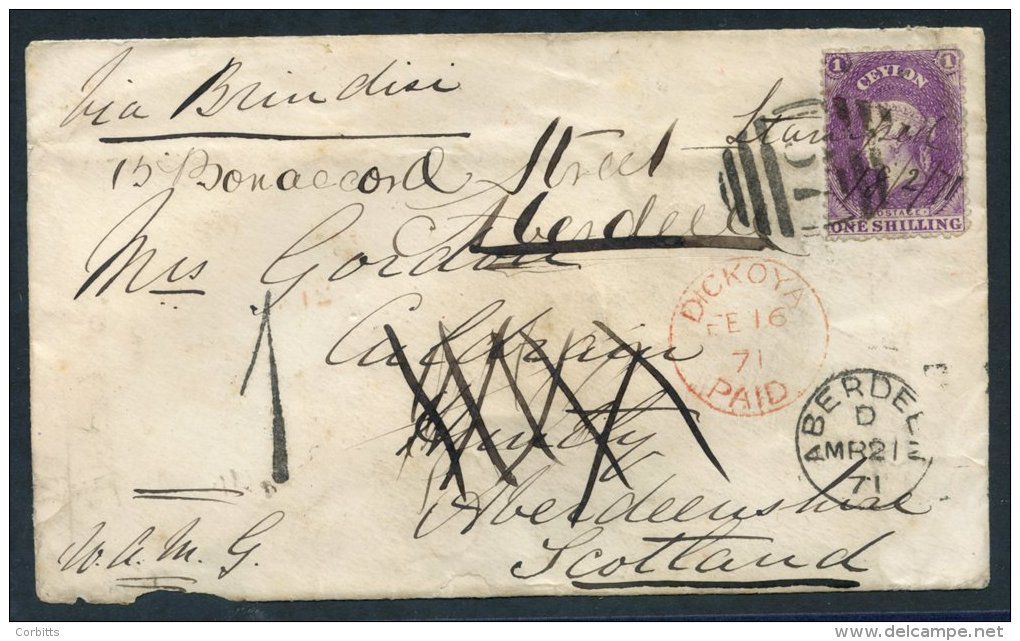 1871 (16 Feb) Envelope From Dickoya To Huntly &amp; Re-addressed To Aberdeen, Marked 'via Brindisi,' Bearing 1s Reddish- - Sonstige & Ohne Zuordnung