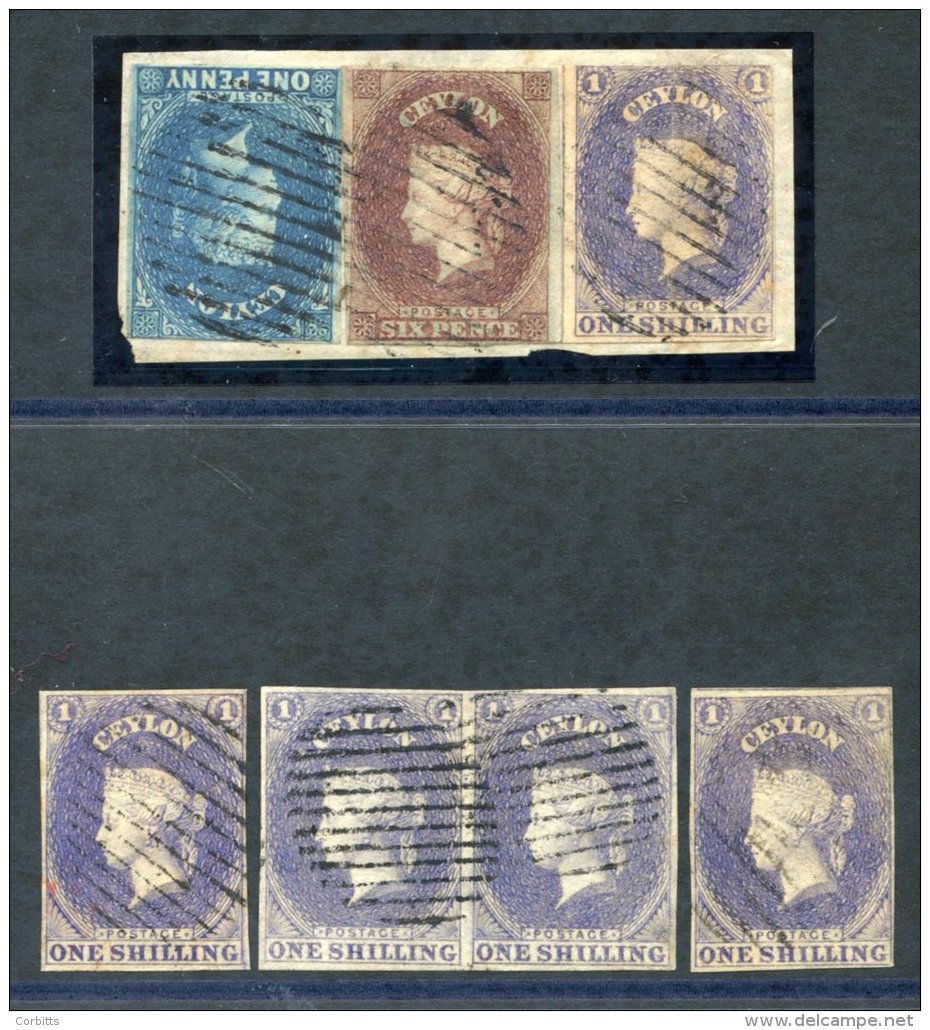 1857-59 1s Slate-violet Horizontal Pair &amp; Two Singles, All With Four Margins, Also Another Single With Large Margins - Sonstige & Ohne Zuordnung