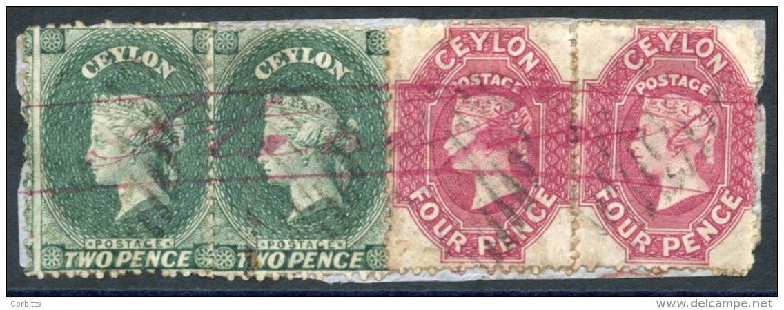 1863-66 4d Rose-carmine (2) On Fragment With 2d Grey-green Pair, All Crossed By M/s 'Stamped' In Red Ink &amp; Cancelled - Autres & Non Classés