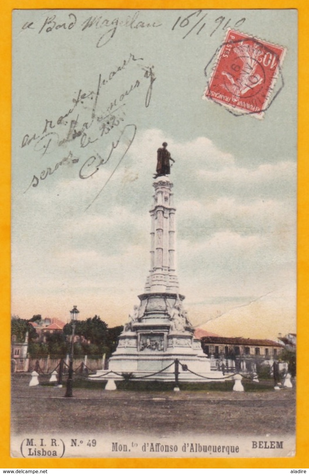 1910 - CP De Belem, Portugal Vers Coutras, Semeuse Camée 10 Centimes - Ligne Maritime K N° 1 Bordeaux Buenos Airres - Marcophilie