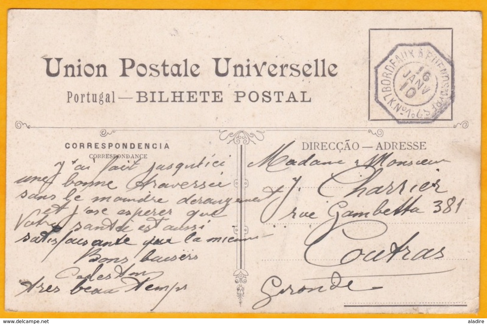 1910 - CP De Belem, Portugal Vers Coutras, Semeuse Camée 10 Centimes - Ligne Maritime K N° 1 Bordeaux Buenos Airres - Postmark Collection