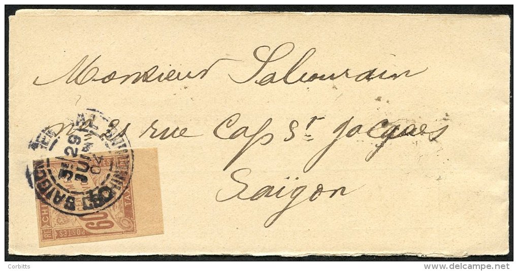 INDO-CHINA 1904 News Band Wrapper Addressed To Saigon Bearing Indo-China Postage Due 5 On 60c Brown/buff (Yv.1), Tied By - Sonstige & Ohne Zuordnung