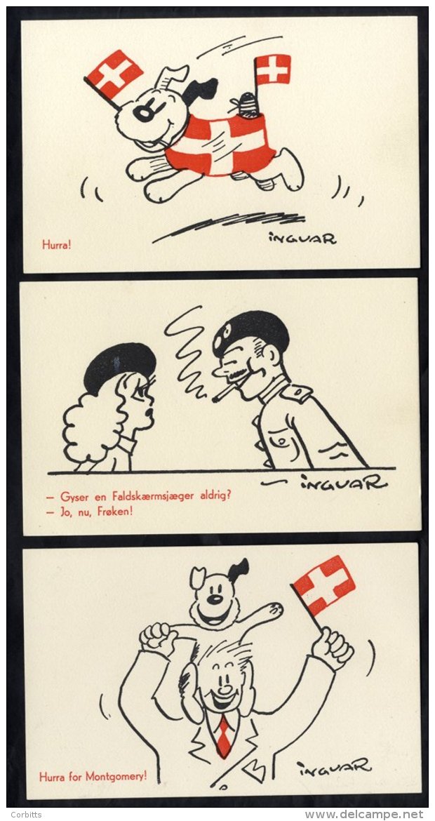 1945 Set Of 10 WWII Stenders Forlag Liberation Cards Hurra For Montgomery Etc. Comic Designs Of Flag Waving Etc. All Unu - Sonstige & Ohne Zuordnung