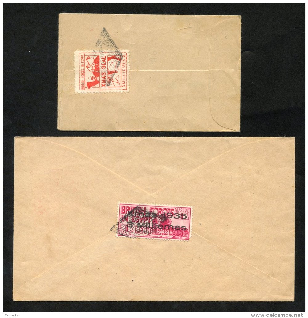 1935 Pair Of Covers, One With Christmas Seal, SG.A6, Other With 3m On 1p Carmine Surcharge Type A5, Christmas 1935 3 Mil - Sonstige & Ohne Zuordnung