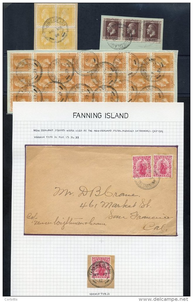 1912-77 Range Of Covers &amp; Pieces Incl. New Zealand 1d Universal (2) On Cover To USA Tied Fanning Island Double Ring - Altri & Non Classificati