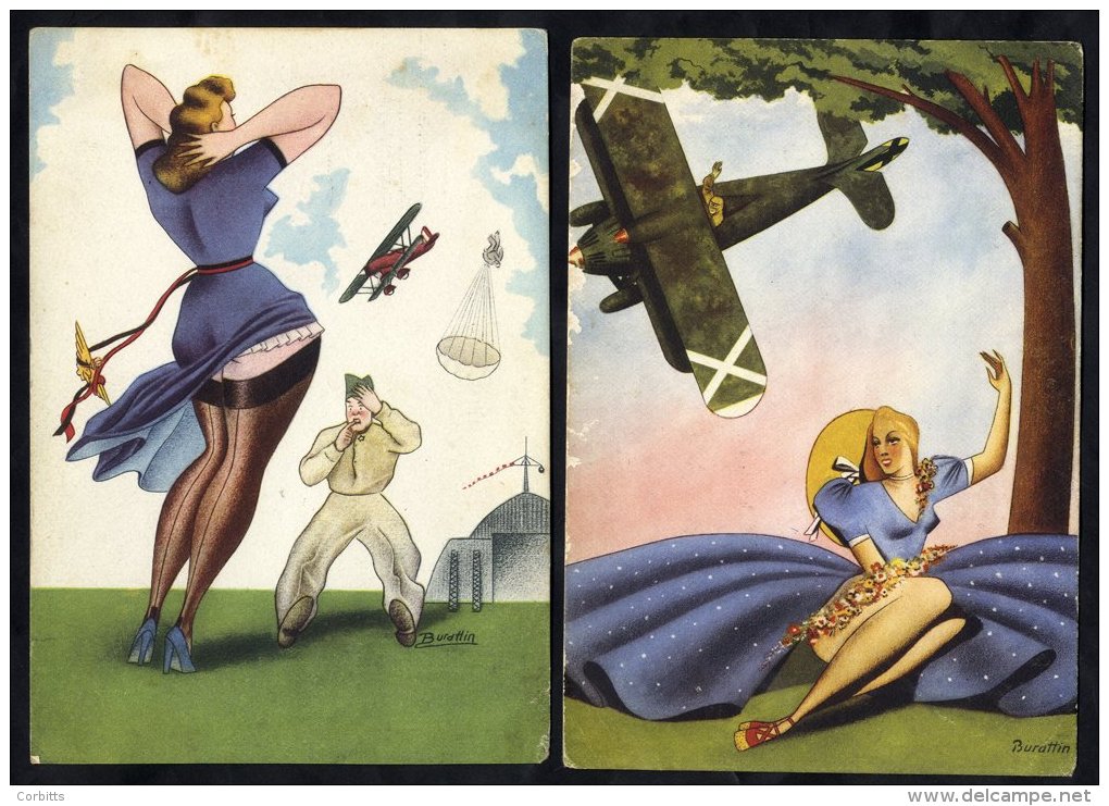 1930's-40's Propaganda Cards In Colour Depicting Italian Soldiers In Action, Further Cards Showing Women &amp; Aeroplane - Sonstige & Ohne Zuordnung