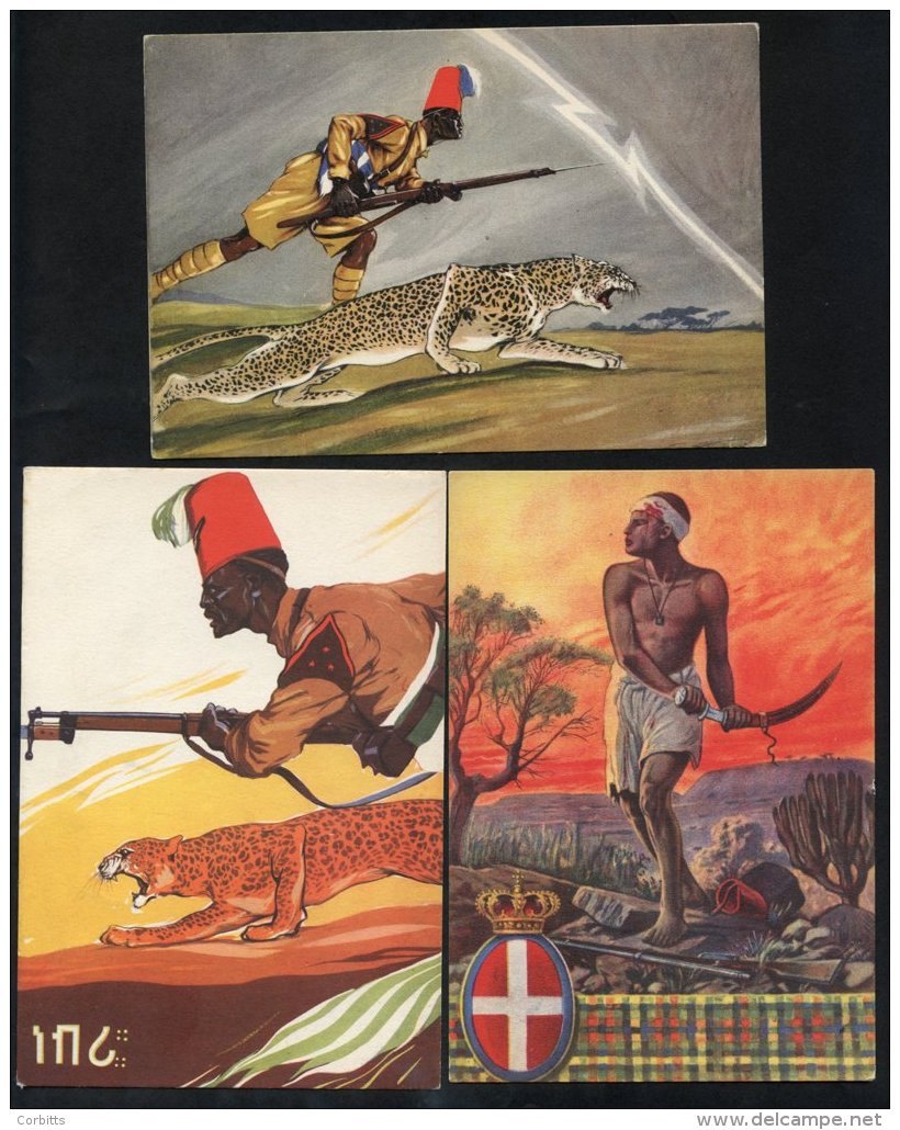 1935-36 Three Coloured Military Propaganda Postcards Issued By The Fascist Military Glorifying Eritrean Ascari Battalion - Sonstige & Ohne Zuordnung