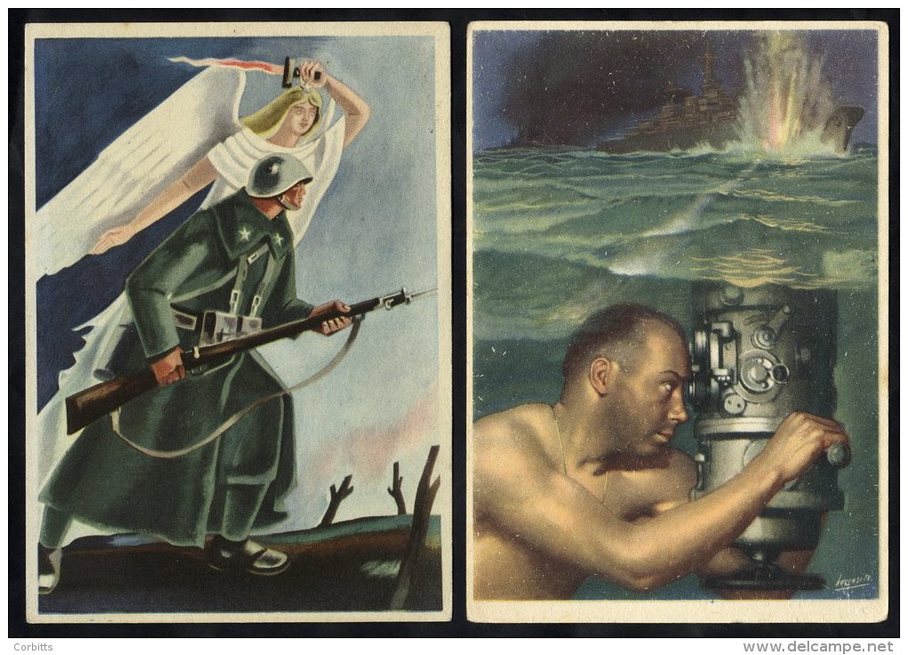 1940's Propaganda Cards (3 Coloured, 1 Sepia), Depicting Submarines, Ships, The War In Africa, Soldier &amp; Angel. (4) - Sonstige & Ohne Zuordnung