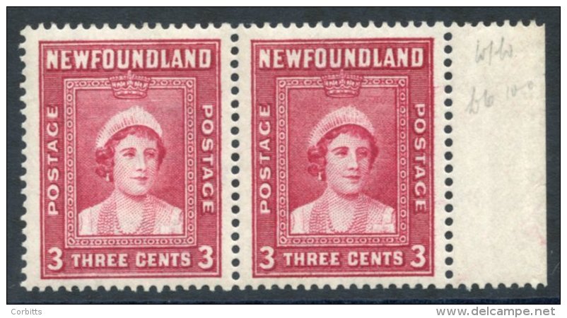 1938 3c Queen Mother Marginal UM Pair With &amp; Without Watermark, SG.269c. (2) Cat. &pound;375. - Sonstige & Ohne Zuordnung