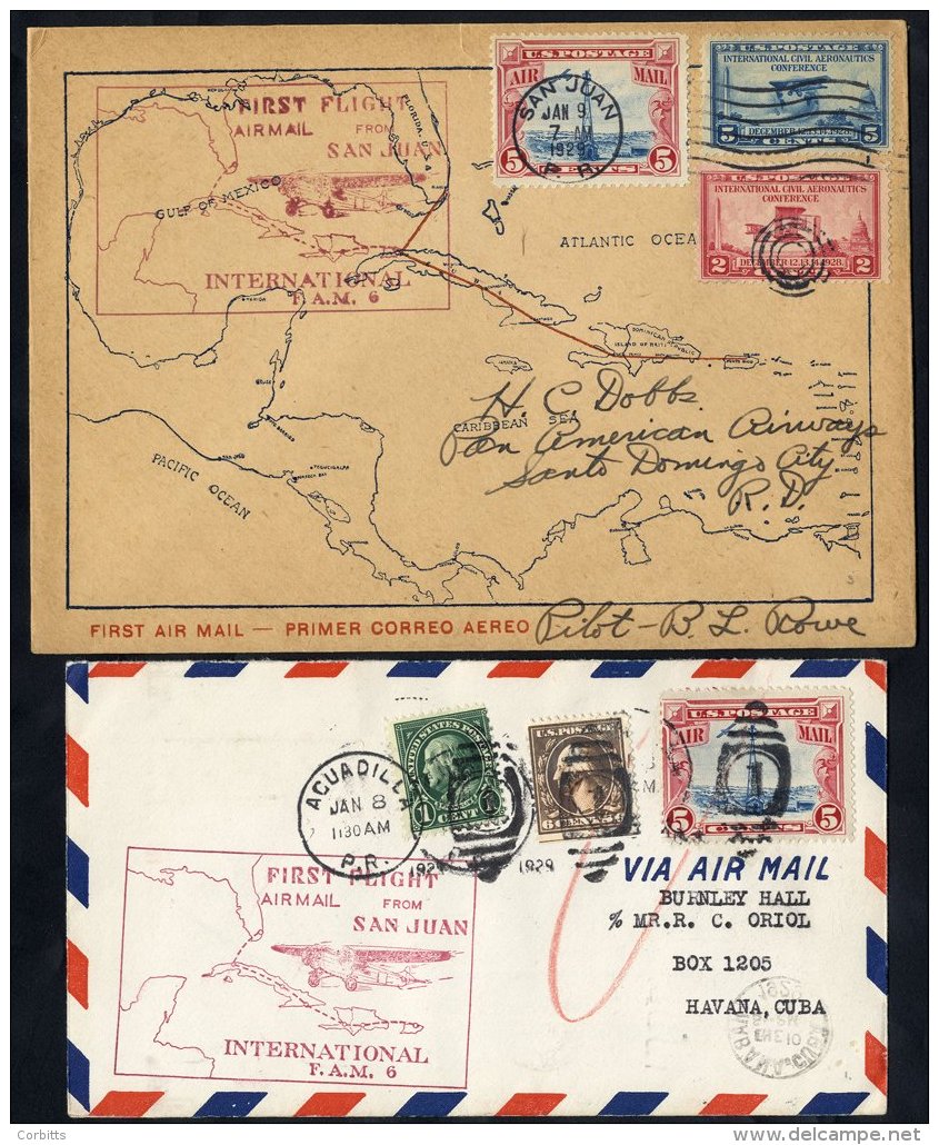 1929 Range Of First Flight Covers (5) By PAA F.A.M 6 San Juan - Havana 9.1.29 With Magenta Cachet, Another But San Juan - Sonstige & Ohne Zuordnung