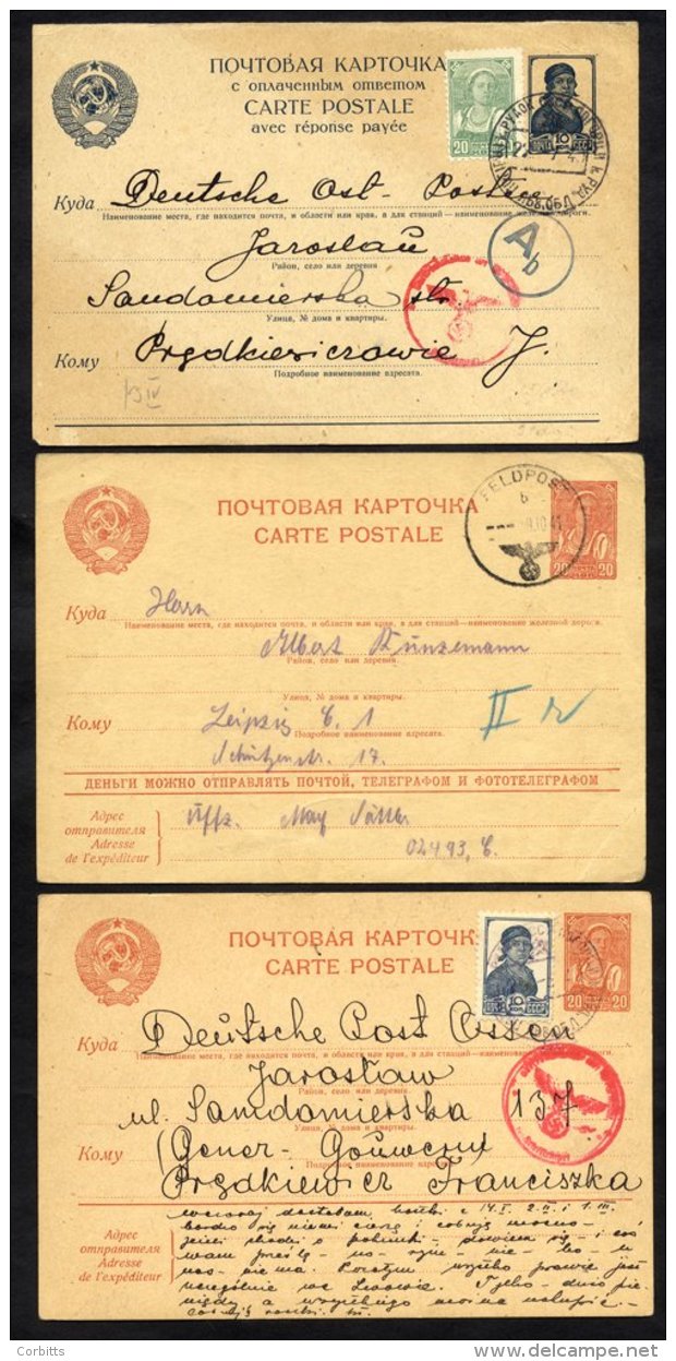 1940-41 Three Russian Stationery Cards Used With German Feldpost Cancels In Red Or Black, Scarce. - Sonstige & Ohne Zuordnung