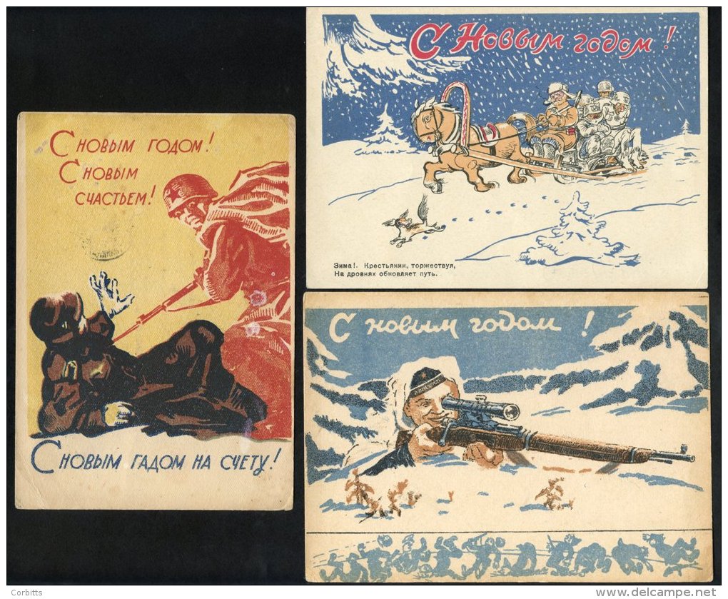 1942-43 Propaganda Happy New Year Cards Showing Caricatures Incl. German Troops Freezing On A Sleigh Ride, German Soldie - Sonstige & Ohne Zuordnung