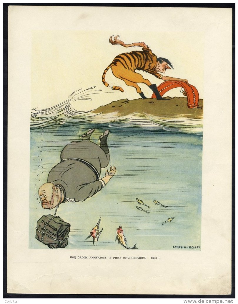 1943 Propaganda Poster (11" X 9&frac12;") Comic Image Depicting Mussolini Under Water With A Weight Tied To His Neck &am - Sonstige & Ohne Zuordnung