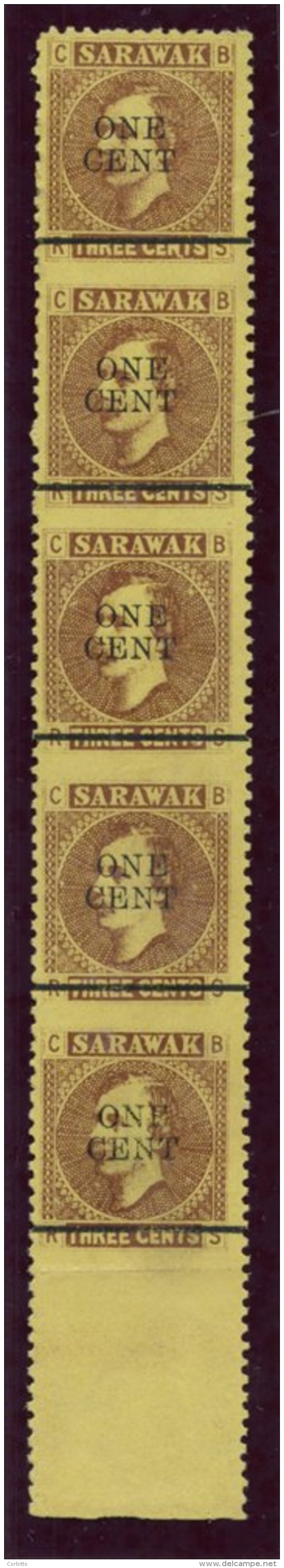 1892 (May) 'ONE/CENT' On 3c Brown On Yellow, A Vertical Strip Of Five With Margin At Foot, Variety Imperforate Horizonta - Other & Unclassified