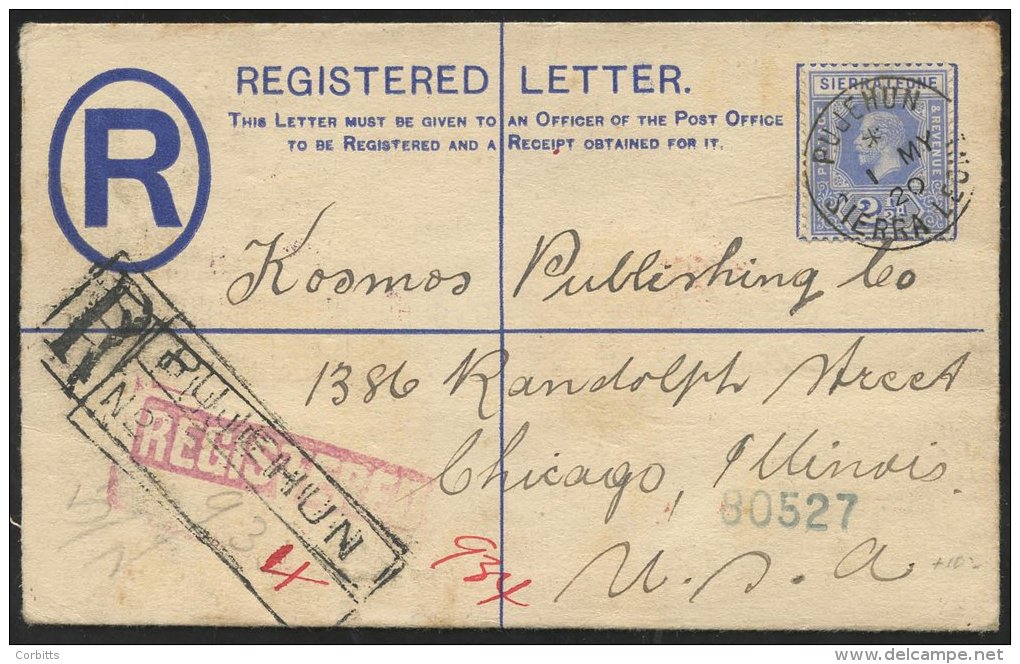 1920 2d Reg Envelope With KGV 2&frac12;d Addressed To Chicago, Value Tied Fine Pujehun S/line C.d.s, Also With Pujehun R - Sonstige & Ohne Zuordnung