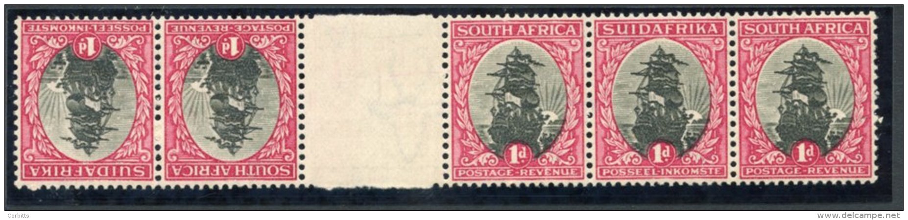 1930-44 1d Black &amp; Carmine, 'Ship' Interpanneau Strip Of Five Containing T&ecirc;te-b&ecirc;che Pair, Fine M, SG.43a - Sonstige & Ohne Zuordnung