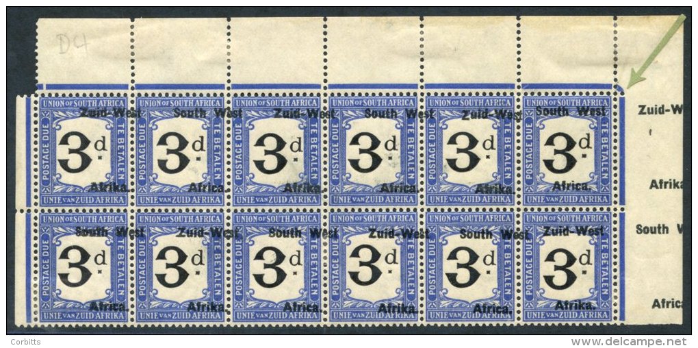 1923 Postage Due, South Africa, De La Rue Printing 3d Black &amp; Blue Block Of Twelve From The Upper Right Pane With Ma - Sonstige & Ohne Zuordnung