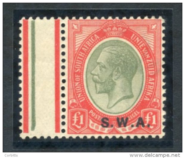 1927 S.W.A Opt &pound;1 Pale Olive-green &amp; Red With Interpanneau Margin At Left, Variety 'pale Olive-green Jubilee L - Sonstige & Ohne Zuordnung