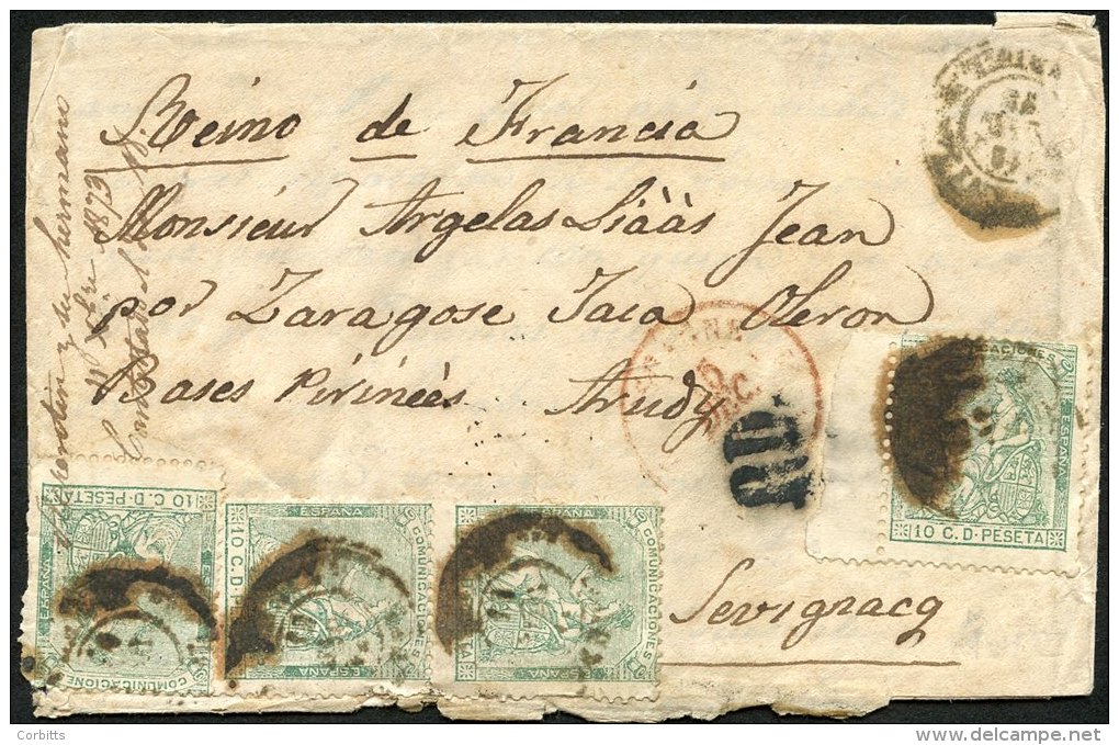 1873 Envelope To France, Bearing 10c Green (Yv.132), Tied By Feruel Double Ring With French Entry Cachet In Red, Routed - Sonstige & Ohne Zuordnung